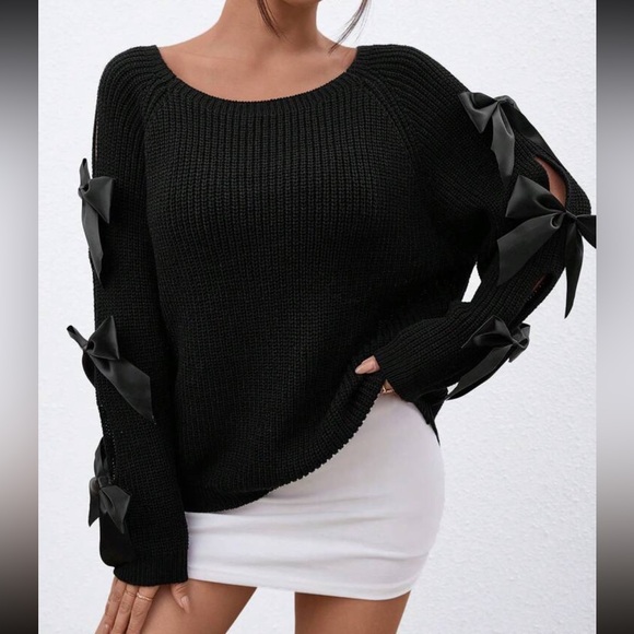 Classic Bow Cut Out Long Sleeve Sweater Top Holiday Christmas  Black - Picture 2 of 16